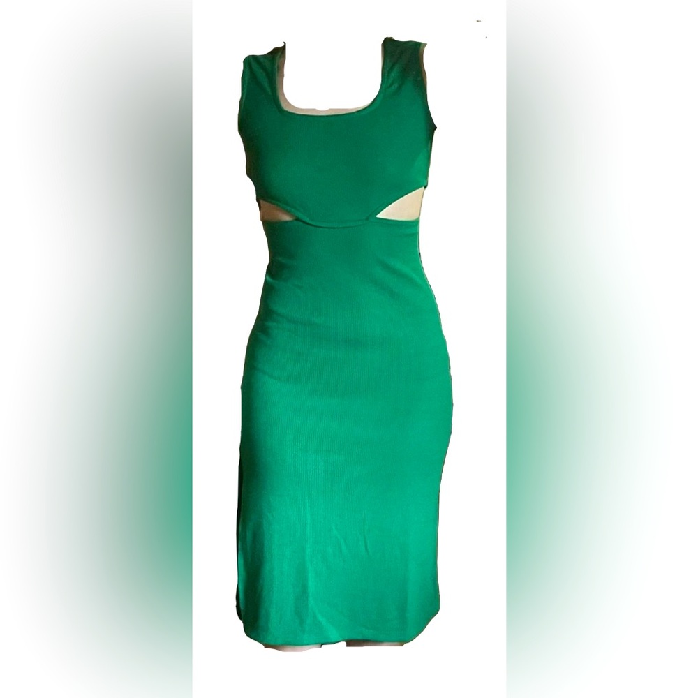 Green mock two piece dress long mid calf open back slimming side window stretch